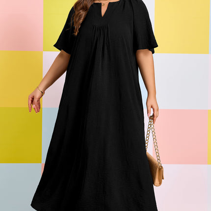 Black Plus Size Solid Color Notched Neck Short Sleeve Loose Dress
