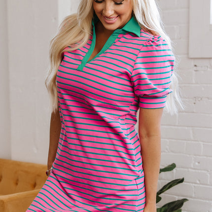 Pink Stripe Collared V Neck Puff Sleeve T Shirt Dress