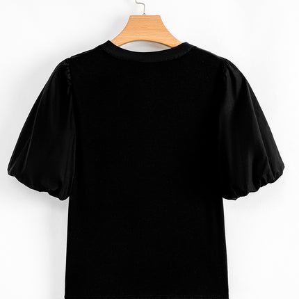 Black Ribbed Patchwork Puff Sleeve Half Button Placket Slim Fit Top