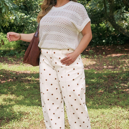 Beige Polka Dot Print Plus Size Barrel Jeans