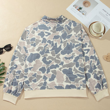Multicolour Casual Camo V-Neck Buttoned Plus Size Sweatshirt