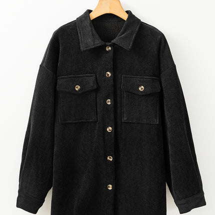 Black Corduroy Flap Pocket Button Up Shacket