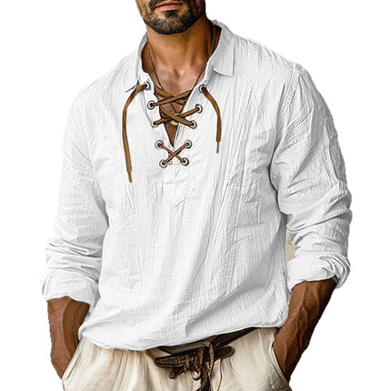 Men's Plus Size Lapels Lace Shirt Solid Color Linen Loose Long Sleeve Shirt