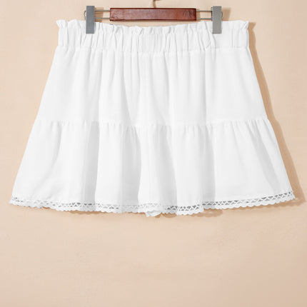 White Plus Size Frilled Elastic Waist Lace Trim Boho Ruffled Shorts