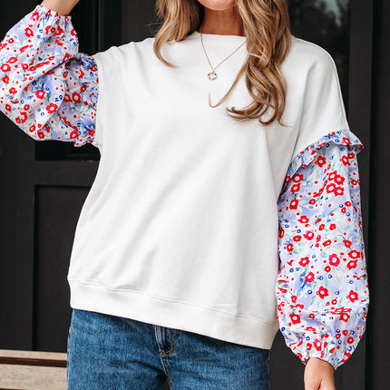 White Floral Ruffled Balloon Sleeve Patchwork Loose Blouse