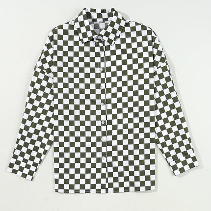 Green Checkerboard Printed Drop Shoulder Loose Casual Shirt