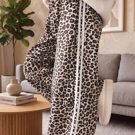 Beige Plus Size Leopard Print Side Stripes Detail Casual Pants