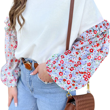 White Floral Ruffled Balloon Sleeve Patchwork Loose Blouse