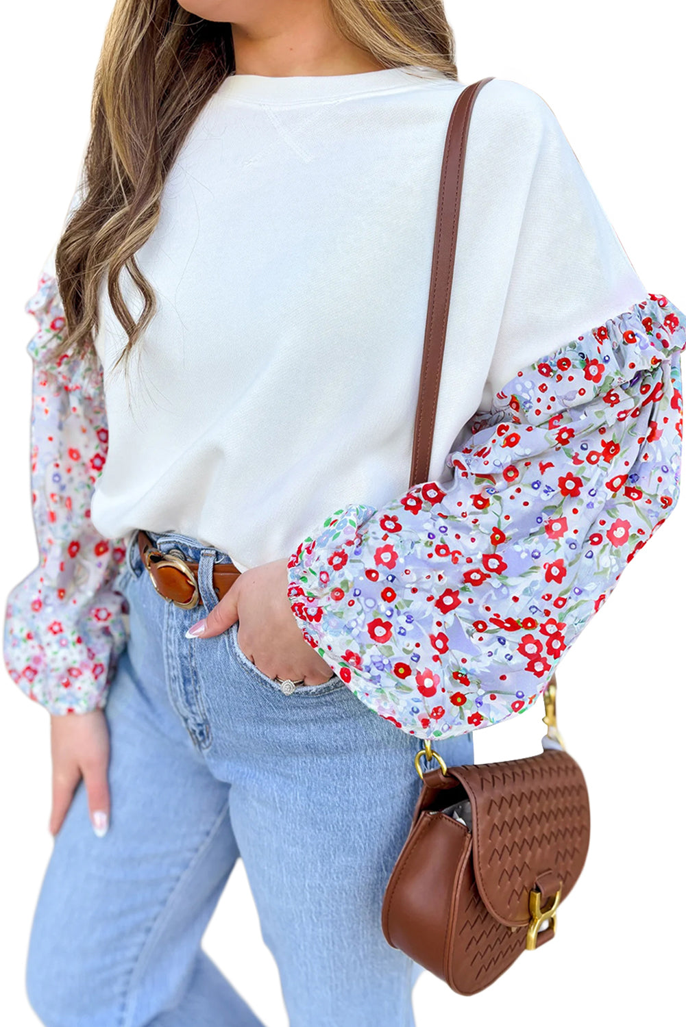 White Floral Ruffled Balloon Sleeve Patchwork Loose Blouse
