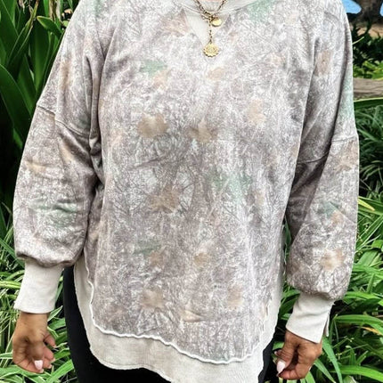 Khaki Camouflage Print Round Neck Long Sleeve Shift Plus Size Sweatshirt