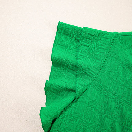 Dark Green Textured Ruffled Sleeve Round Neck Top