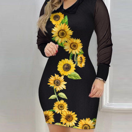 Womens Mesh Long-Sleeve V-Neck Slim-Fit Printed Dress
