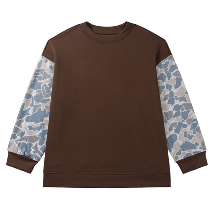 Coffee Mock Neck Camo Patchwork Drop Shoulder Plus Size Sweatshirt