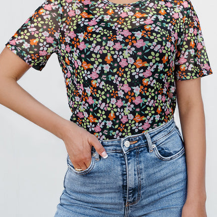 Black Sheer Floral Mesh Round Neck T Shirt