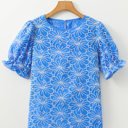 Sky Blue Eyelet Flower Embroidery Frilled Short Puff Sleeve Blouse