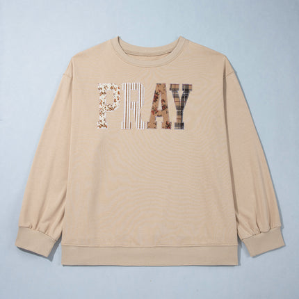 Coffee PRAY Letter Patchwork Round Neck Long Sleeve Plus Size Sweatshirt