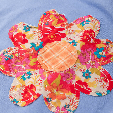 Sky Blue Flower Patched Exposed Stitching Trim Crew Neck Loose Tee