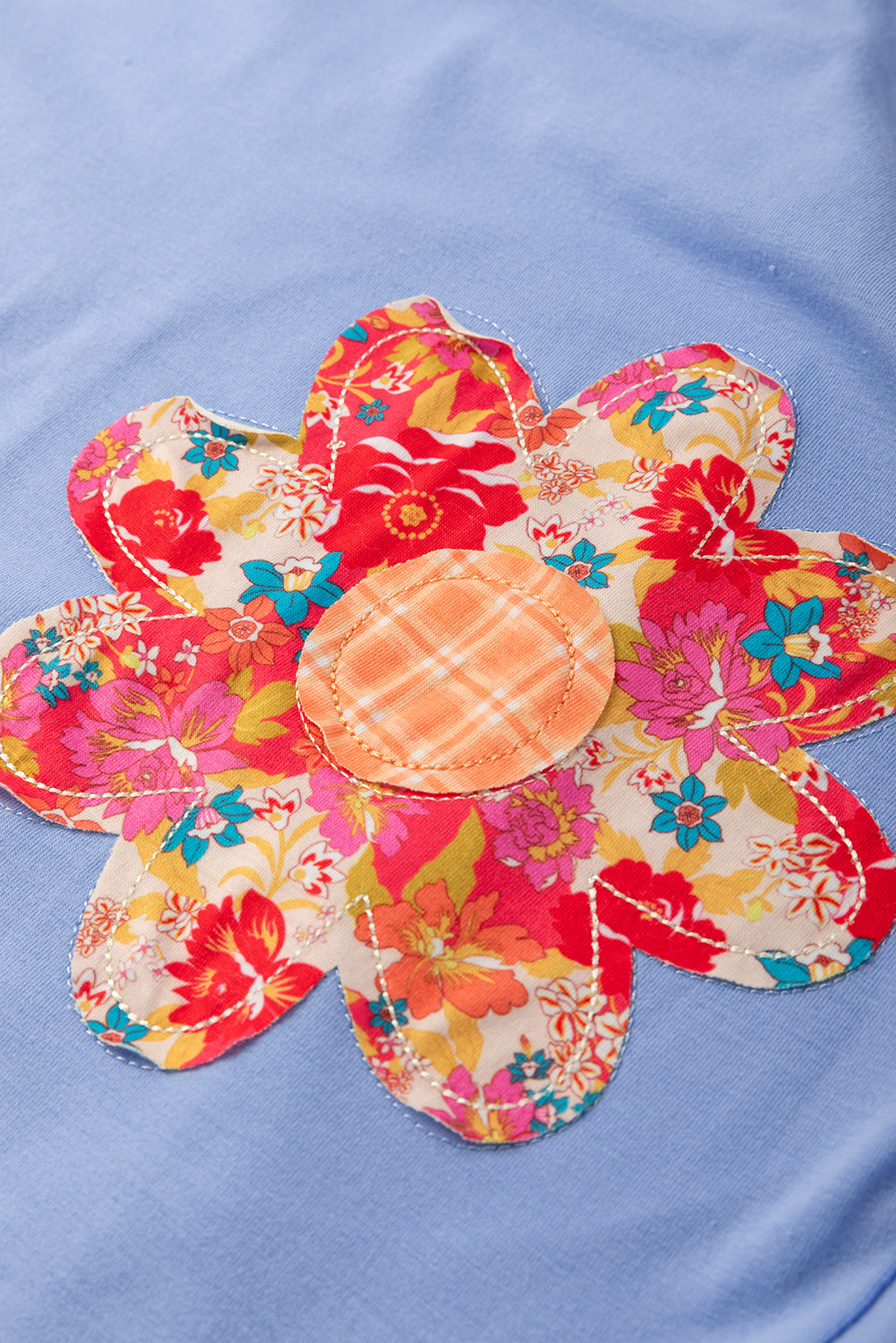 Sky Blue Flower Patched Exposed Stitching Trim Crew Neck Loose Tee