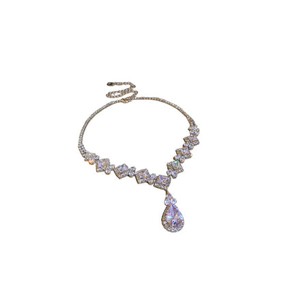 Zircon Diamond-Shaped Teardrop Earrings And Necklace Set