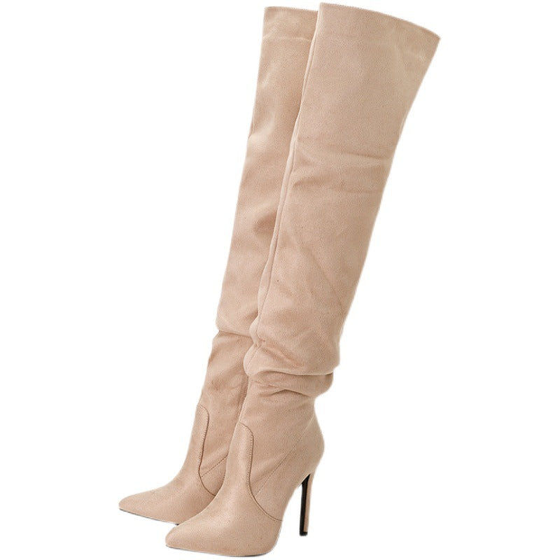 European And American Pointed Toe Suede High Zipper Stiletto Heel Boots