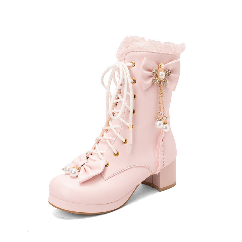 Female Bow Thick Heeled Short Boots Lolita Shoes
