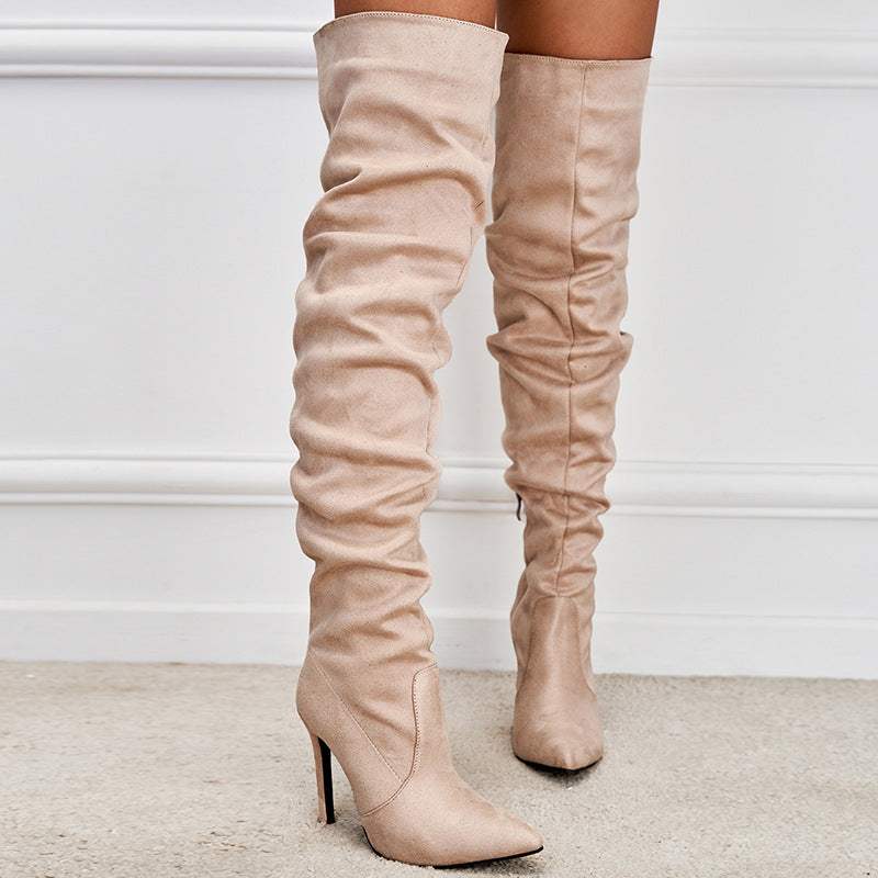 European And American Pointed Toe Suede High Zipper Stiletto Heel Boots