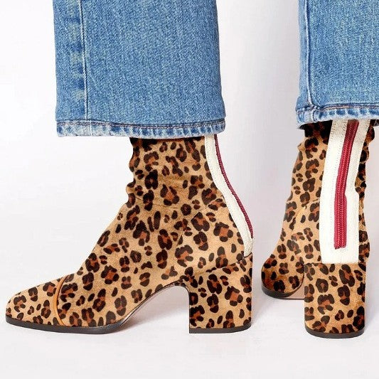 High Heel Square Toe Large Size Suede Color Matching Low-cut Martin Boots