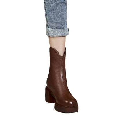 Women's Autumn And Winter Thick Heel Real Soft Leather High-heeled Martin Boots