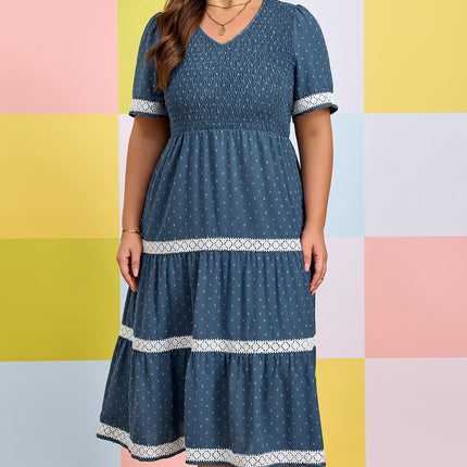 Dusk Blue Plus Size V Neck Swiss Dot Lace Patchwork Detail Flared Midi Dress