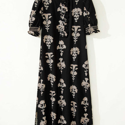 Black Floral Print Frilled Collar Short Puff Sleeve Maxi Dress