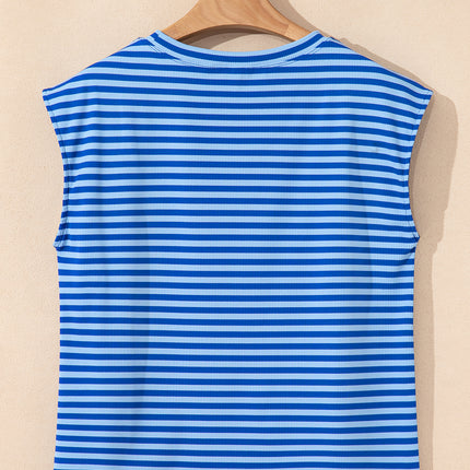 Sky Blue Stripe Ribbed Cap Sleeve Round Neck T Shirt