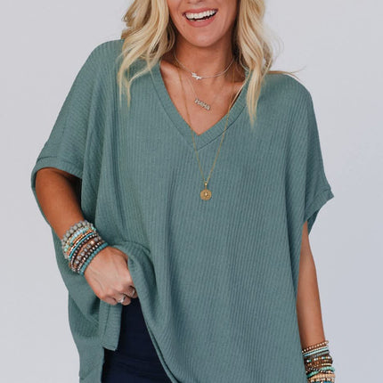 Moonlight Jade Oversized Ribbed Knit V Neck Dolman Short Sleeve Top