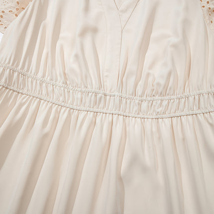 Apricot Plus Size V Neck Lacy Embroidery Patchwork Short Sleeve Maxi Dress