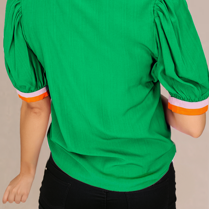 Bright Green Colorful Trim V Neck Short Sleeve Blouse