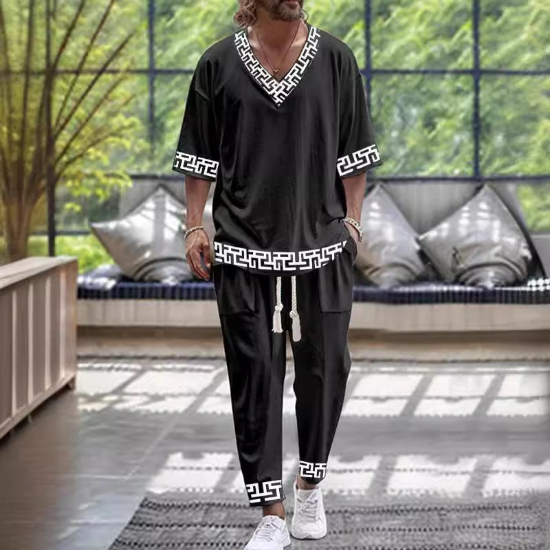 Cropped Sleeves V-neck Trousers Suit