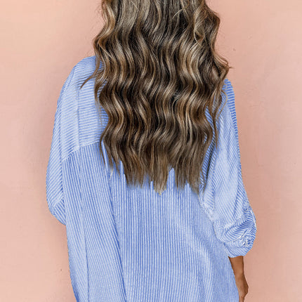 Sky Blue Stripe Roll-tab Sleeve Pocketed Long Shirt
