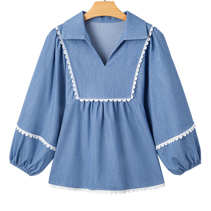 Dusk Blue Lace Ric Rac 3/4 Puff Sleeve Collared Babydoll Blouse