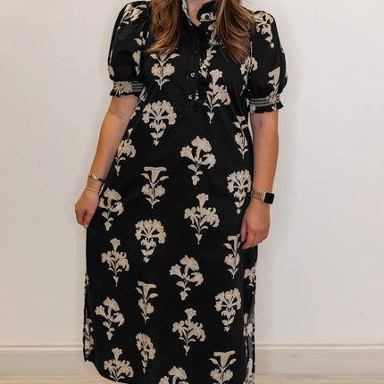 Black Floral Print Frilled Collar Short Puff Sleeve Maxi Dress