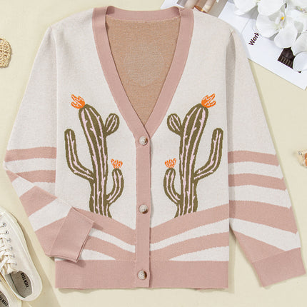 Apricot Western Desert Cactus Print Plus Size Button Cardigan Sweater