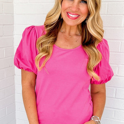 Strawberry Pink Casual Round Neck Bubble Sleeve T-shirt