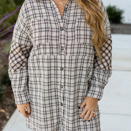 White Stripe Plus Size Plaid Buttoned Raw Hem Tunic Shirt Dress