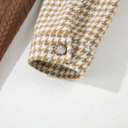 Khaki Houndstooth Color Contrast Textured Patchwork Loose Shacket