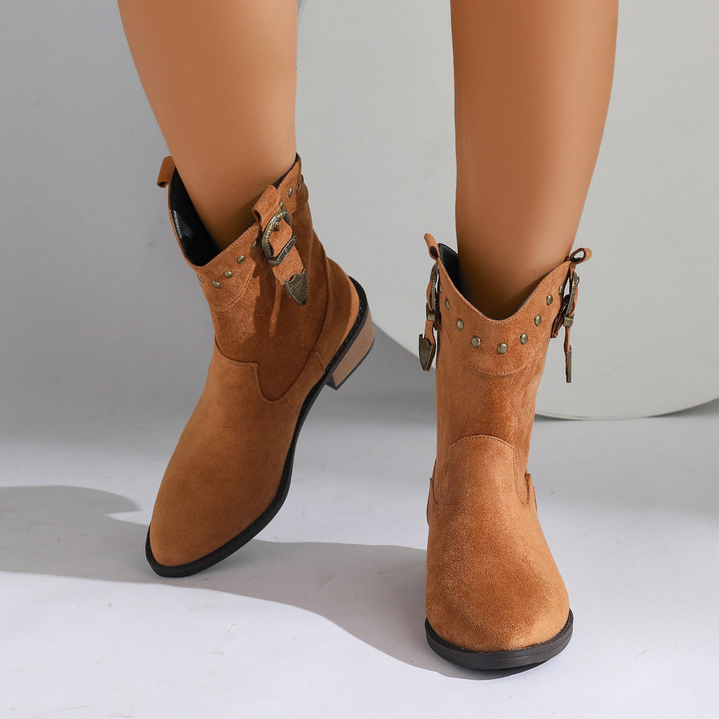 New Pointed Stitching Rivet Sleeve Women's Mid Boots