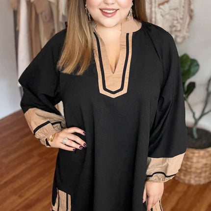 Black Plus Size Color Block Striped Trim V Neck Long Sleeve Shift Mini Dress