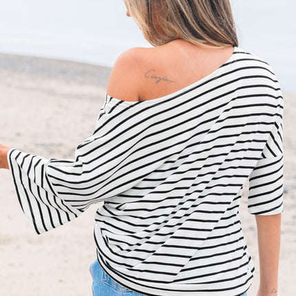 Black Stripe Half Sleeve Scoop Neck Loose Top