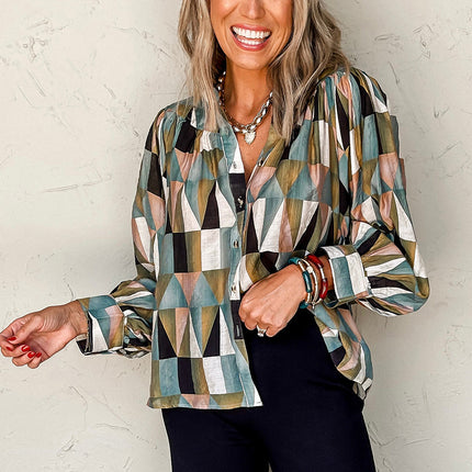 Green Geometric Print Buttoned Balloon Sleeve Loose Fit Shirt