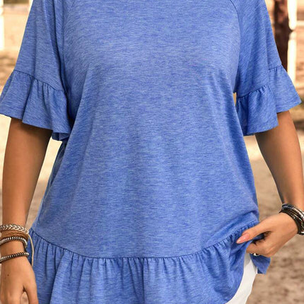 Dusk Blue Ruffled Short Sleeve Plus Size Casual Blouse