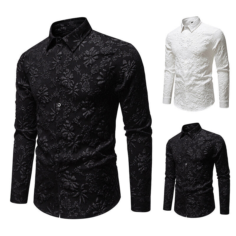 Men's Floral Long Sleeve Shirt Fashion Jacquard Loose-fitting Plus Size Tops