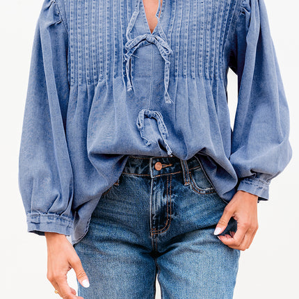 Myosotis Denim Front Pintuck Bow Tie Puff Sleeve Top