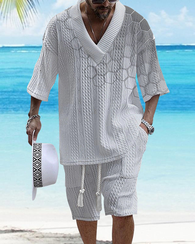 Printed Drop-shoulder Men's Knitted Short-sleeved Shorts Suit